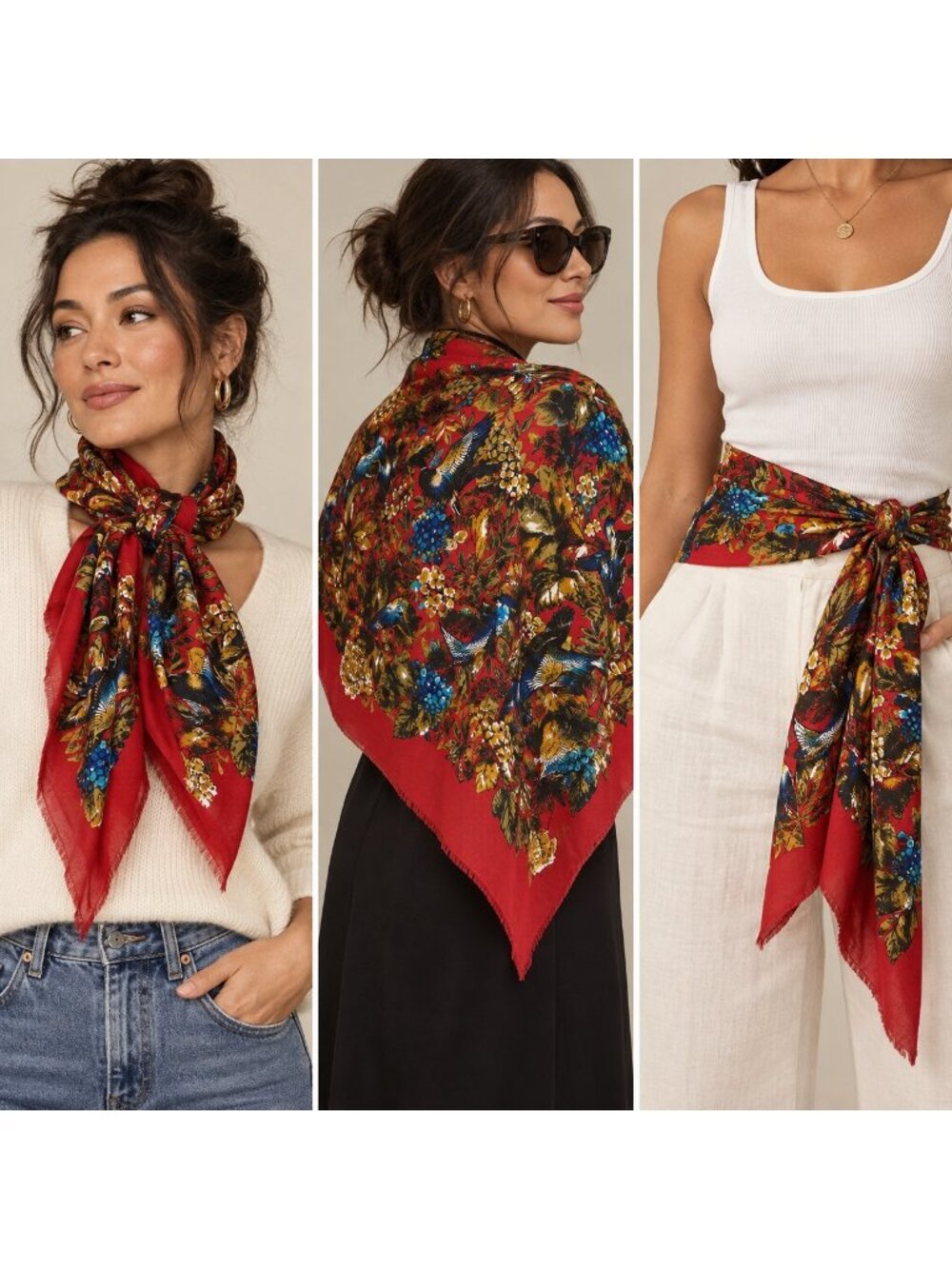 Vintage Style Oversized Square Scarf 46x46 Red Bird Botanical Floral Cottagecore